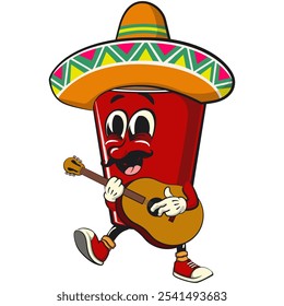 Ícone de personagem de mascote de caricatura de pong de cerveja de copo vermelho vestindo sombrero e tocando guitarra, trabalho desenhado à mão