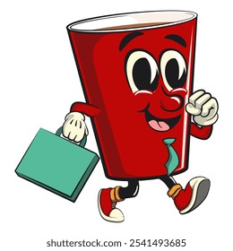 Red cup beer pong cartoon mascot character icon wearing a tie and carrying a suitcase rushing to the office, work of hand drawn