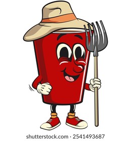 Red cup beer pong cartoon mascot character icon as farmer in hat with his fork, work of hand drawn