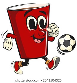 Icono rojo del personaje de la mascota de la historieta del pong de la cerveza de la taza que juega fútbol soccer, trabajo de la mano dibujada