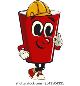 Red cup beer pong cartoon mascot character icon wear a construction worker's helmet, work of hand drawn