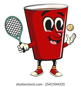 Red cup beer pong cartoon mascot character icon playing tennis, work of hand drawn