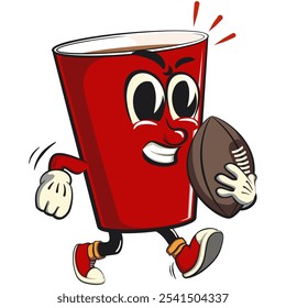 Red cup beer pong cartoon mascot character icon playing rugby and american football, work of hand drawn