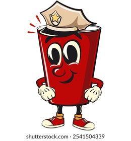 Ícone de personagem de mascote de caricatura de pong de cerveja de copo vermelho como um policial, trabalho de mão desenhada