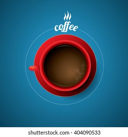 red cup with black coffee. flat lay coffee mug top view on blue table