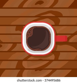 Red cup with black coffee on wood background. Top view. Vector illustration.