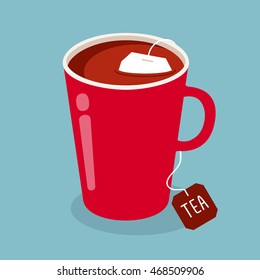 Red cup of black tea with tea bag. Vector illustration.