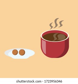 Té rojo con té negro, café, cacao, mocha u otra bebida caliente y galletas de chocolate. Vector EPS10