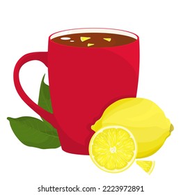 Rote Tasse mit schwarzem Tee und Zitrone. Schutz vor Immunität. Warmes Getränk mit Zitrone. Heimliche Folkbehandlung gegen Grippe, Erkältung. Illustration in einem flachen Stil einzeln auf weißem Hintergrund.