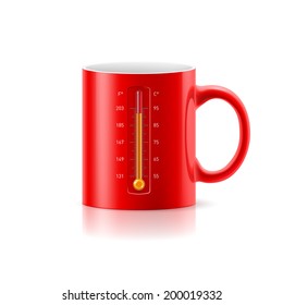 Red cup with a built-in thermometer on white background