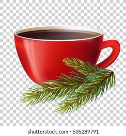 red cup with Christmas tree branches on transparent background. vector