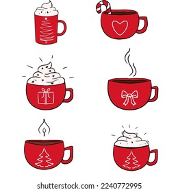 A red cup with a Christmas tree on it. Christmas set of cups with coffee, cocoa, and tea. 