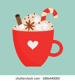 Red cup of cocoa with marshmallow, cinnamon, anise, lollipop, whipped cream and chocolate chips. Winter season illustration.