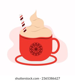 Red cup of cocoa with whipped cream. Red mug with a snowflake and a straw with stripes. Christmas concept, winter warming drinks. Cup of coffee with whipped cream. vector illustration