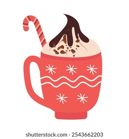 Red cup with cocoa, whipped cream and chocolate chips. Vector illustration of a cup with hot traditional winter drink, hand drawn in cartoon style.