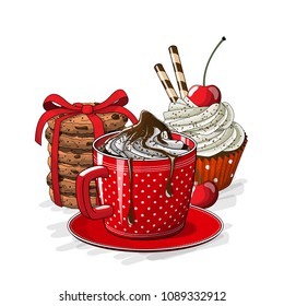 Red cup of coffe with cupcake with crean and cherry, and stack of brown coookies on white background, vector illustration, eps 10 with transparency