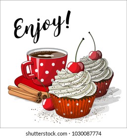 Red cup of coffe with two cupcakes with white cream and red paper cup, and four cinnamon sticks on white background, vector illustration, eps 10 with transparency