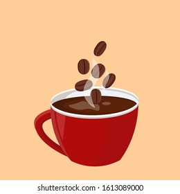 Red cup of coffee with coffee beans. Coffee cup card design