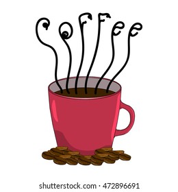 Red cup of coffee and coffee beans. Coffee icon, logo. Hand drawing. Isolated vector object.