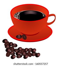 Red cup of coffee with beans on white background