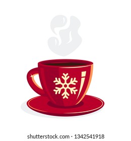 Red cup of coffee, black tea or cocoa. Vector illustration in flat style