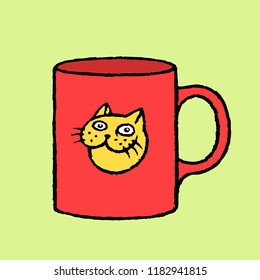 Red cup of coffee with a cat sticker. Green color background. Vector illustration.