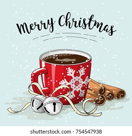 Red cup of coffee with cinnamon and jingle bells, with text Merry Christmas, vector illustration, eps 10 with transparency