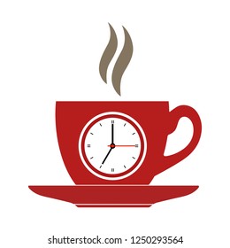 red cup of coffee with a clock on white background