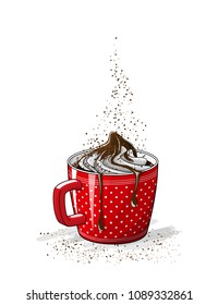 red cup of coffee with cream and chocolate, vector illustration, eps 10 with transparency