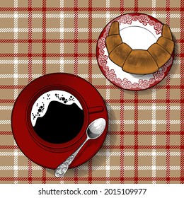 Red cup of coffee with a croissant on a checkered tablecloth. Vintage engraving stylized drawing. Vector illustration
