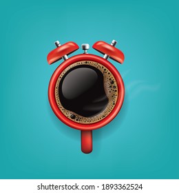 Red cup of coffee. flat lay coffee mug top view on green background