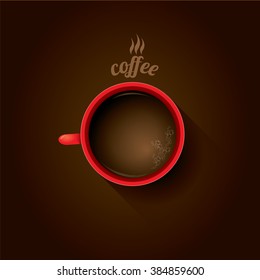 Red Cup Of Coffee. Flat Lay Coffee Mug Top View On Brown Background