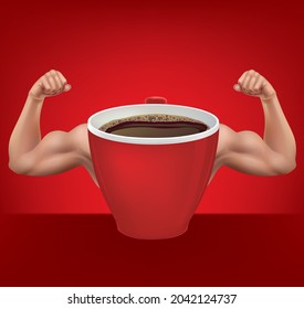 taza roja de café en forma de músculo del brazo sobre fondo rojo, ilustración conceptual del café.