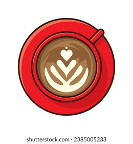 Red cup of coffee with froth art top view isolated vector illustration for National, Latte Day on February 11