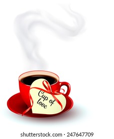 Red cup of coffee with a heart shaped valentine note. Vector.