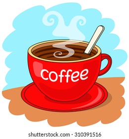Red cup of coffee with the inscription "coffee", with spoon inside. Coffee break concept