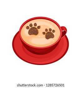 Red cup of coffee with latte art in shape of animal footprints. Cappuccino with cinnamon powder on foam. Flat vector icon