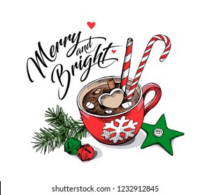 Red cup of coffee with a Marshmallows, cinnamon, lollipop, drinking straw, spruce branch and bells. Merry and bright – lettering quote. Christmas and New Year card, handmade vector illustration.