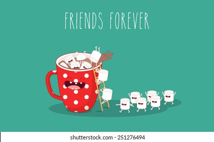 Red cup. Coffee with marshmallows. Vector cartoon. Friends forever. You can use in the menu, in the shop, in the bar, the card or stickers.