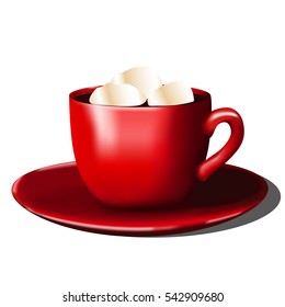 Red cup of coffee and marshmallows.Coffee, cocoa, hot chocolate. Realistic cup isolated on a white background.