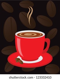 Red cup of coffee on a dark background with coffee beans