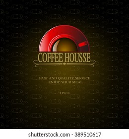 Red cup of coffee on a dark background.