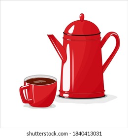 Red cup with coffee on an isolated white background. Teapot on a white background. Coffee in a cup.