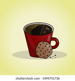 Red cup with coffee on light yellow background. Cookie with chocolate drops.