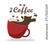 Red cup with coffee on a white background. Splashes, cup and coffee beans
