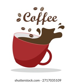 Red cup with coffee on a white background. Splashes, cup and coffee beans