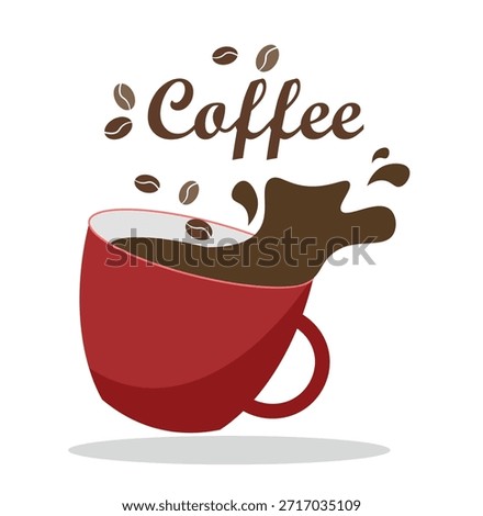 Red cup with coffee on a white background. Splashes, cup and coffee beans