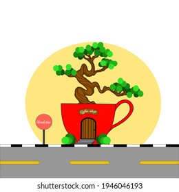 Red cup coffee shop concept on street and bonsai.