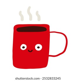 Red cup of coffee smiling. Hand drawn illustration on white background. 