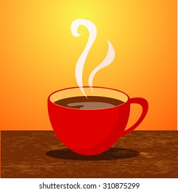 Red cup of coffee with smoke